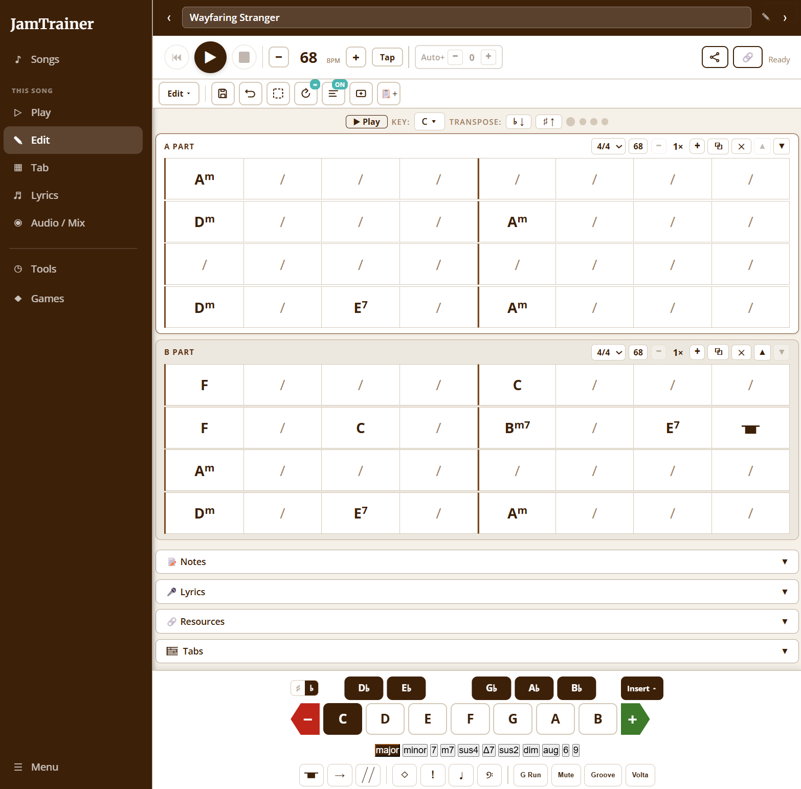 Jam Trainer chord chart editor with sections, repeats, and the chord-entry keypad for building a bluegrass song