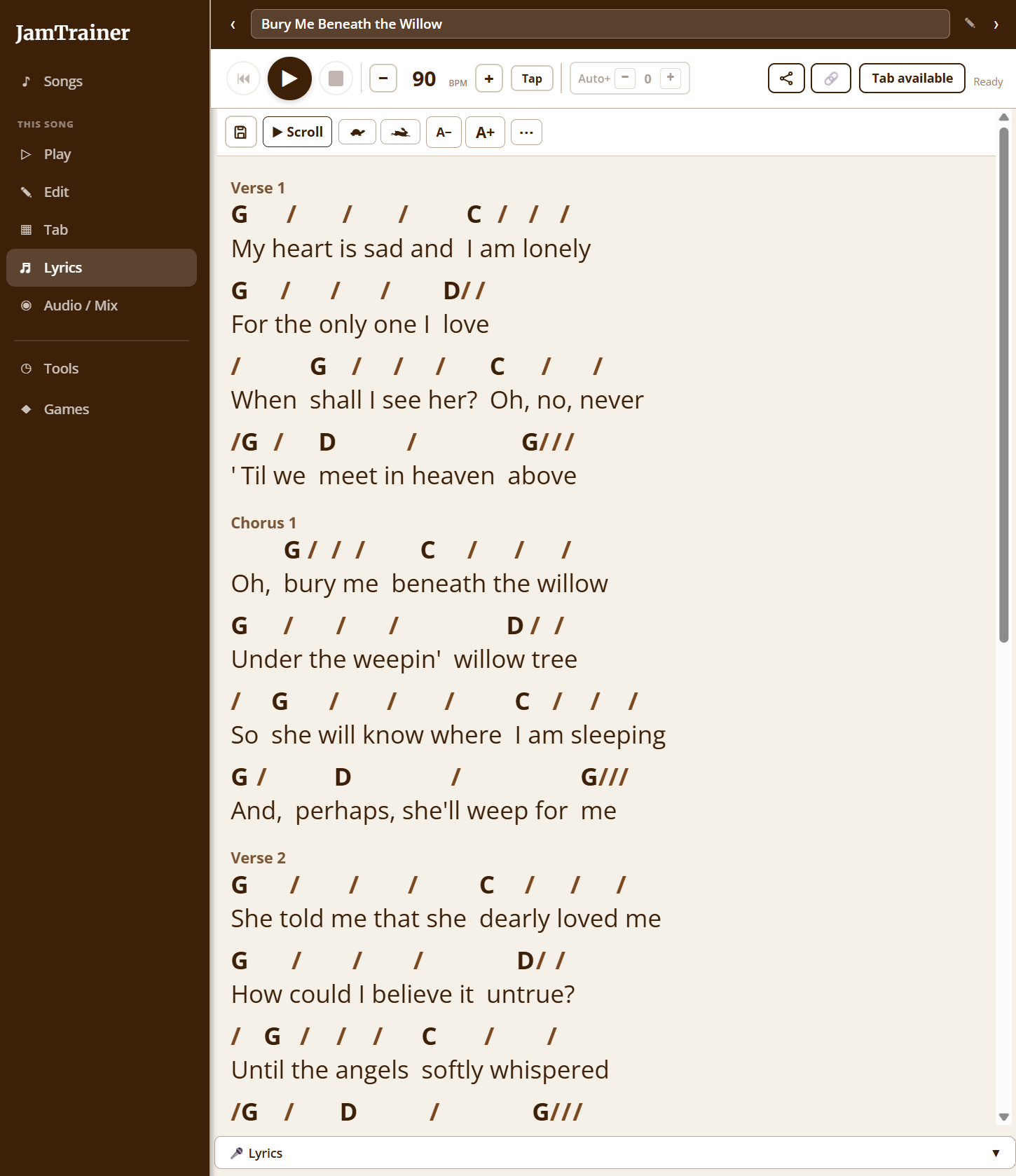 Jam Trainer lyrics view showing chords aligned over the words of Bury Me Beneath the Willow with hands-free auto-scroll