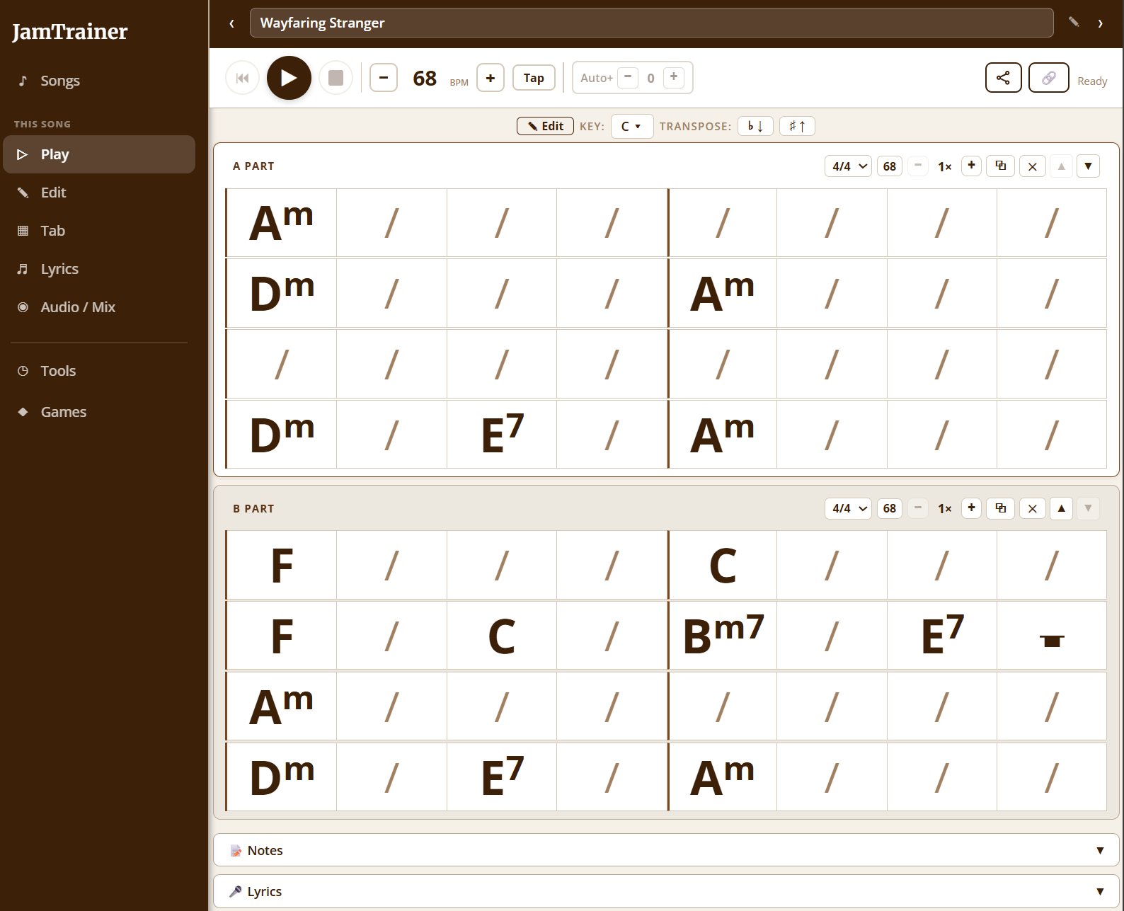 Jam Trainer Play view showing a large, easy-to-read bluegrass chord chart for Wayfaring Stranger while the backing track plays