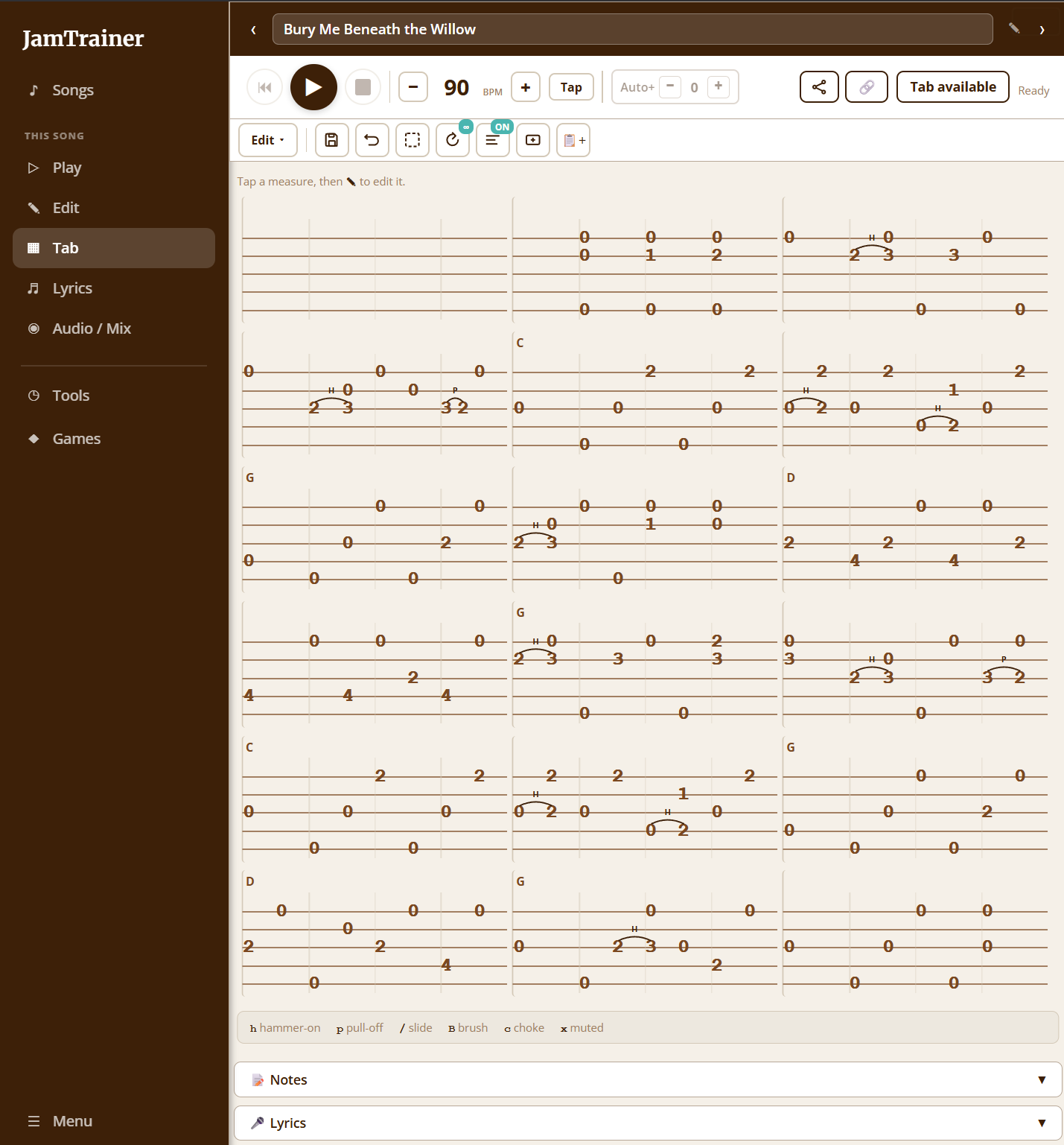 Jam Trainer tab view showing playable banjo tablature — guitar and mandolin tab also supported — with hammer-on and pull-off markings for Bury Me Beneath the Willow